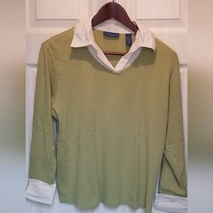 Karen Scott Top with Pointed Collar, Cuffed Sleeves